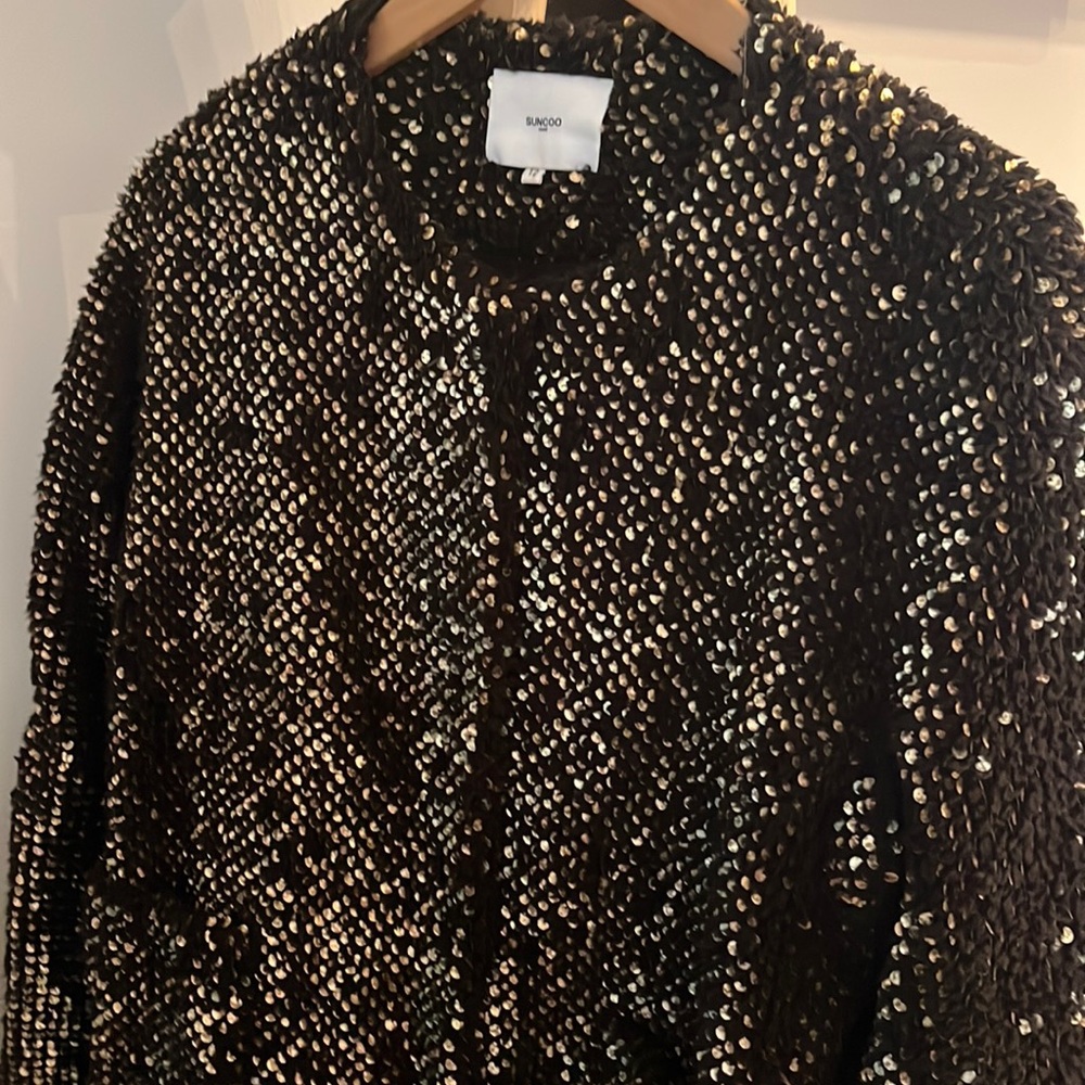 SUNCOO Black Sequin Teddy Jacket with Metallic Accents